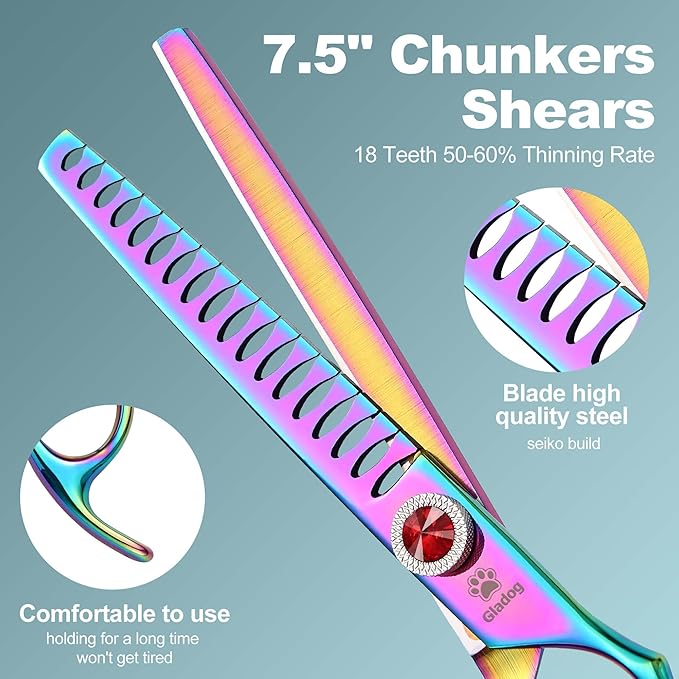 GLADOG 7 Inch Professional Dog Grooming Scissors Kit, Titanium Dog Scissors for Grooming, Heavy-Duty Dog Shears for Grooming, 6-in-1 Pet Grooming Scissors for Dogs (Pro Rainbow)