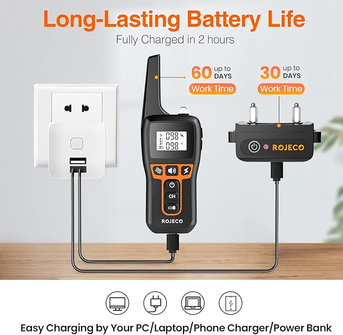 ROJECO Dog Shock Collar for 2 Dogs with 3300FT Remote，IPX7 Waterproof Rechargeable Shock Collar for Large Medium Small 2 Dogs for 4 to 120 lbs，3 Safe Training Modes with Beep，Vibration and Shock