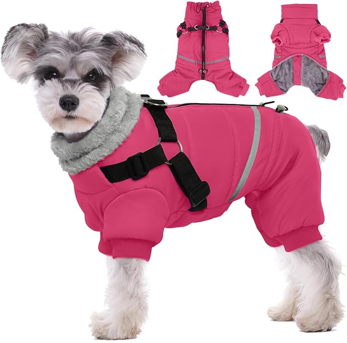 BRKURLEG Dog Winter Coat with Harness Built in, Winter Dog Jacket for Small and Medium Dogs, Small Dogs Snowsuit Reflective Windproof Cold Weather Coat, Puppy Warm Fleece Coats, Hot Pink, XXL