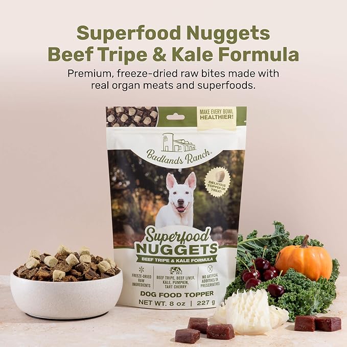 Superfood Nuggets- Premium, Freeze-Dried raw Dog Food Topper or Treat. Powerful Nutrient-Dense Ingredients. No Artificial additives. Beef Tripe and Kale Formula 8oz - 4pk Bundle