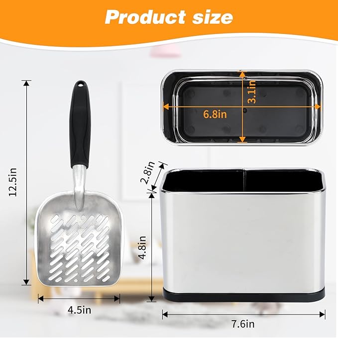Heavy-Duty Cat Litter Scoop with Holder, Metal Cat Scooper Holder Trash Container, Aluminum Kitty Poop Sifting Shovel Captures All Clumps, Speed Sifter Litter Box Scooper with Cats Caddy