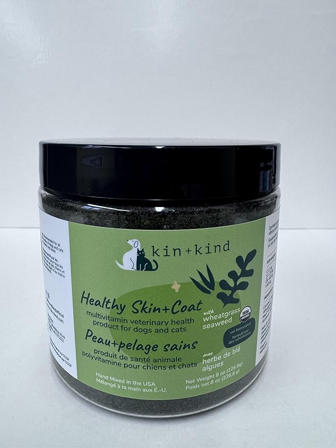 kin+kind Organic Multivitamin for Dogs & Cats - Pet Supplement for Healthy Skin and Coat - Safe, Natural Formula with Wheatgrass, Kelp, Seaweed and Coconut - Made in USA - 8 oz (Large)