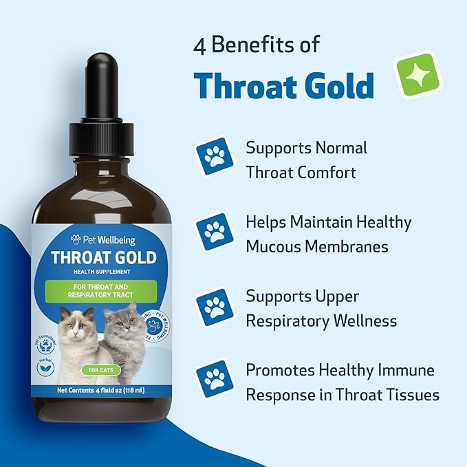 Pet Wellbeing Throat Gold for Cats - Supports Occasional Cough & Throat Discomfort, Healthy Airway, Mucilage Herbs - Vet-Formulated Herbal Supplement - 4 oz (118 ml)