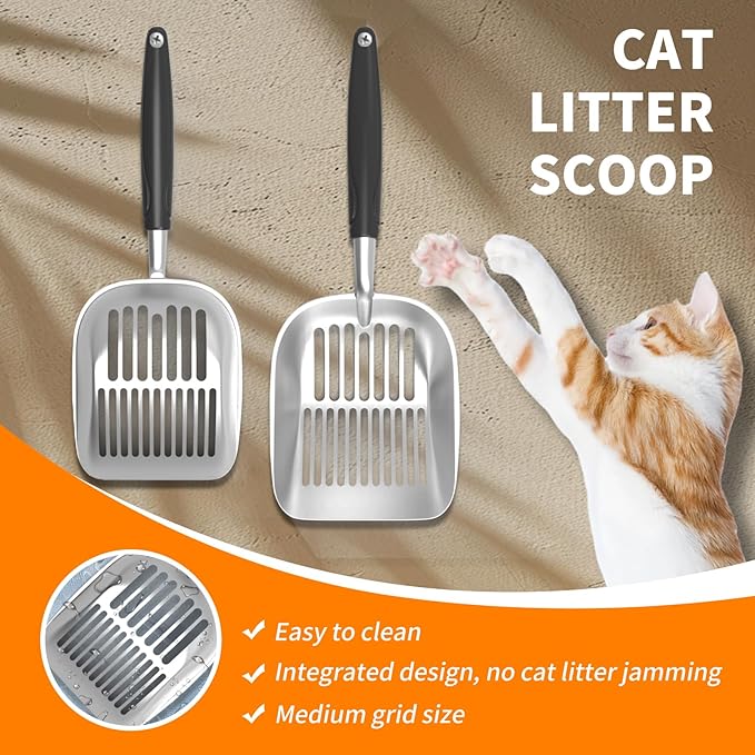 Cat Litter Scoop, Aluminum Alloy Sifter, Kitty Metal Scooper, Deep Shovel, Long Handle, Poop Sifting, Kitten Pooper Lifter, Durable, Heavy Duty, for Litter Box (Big-Black)