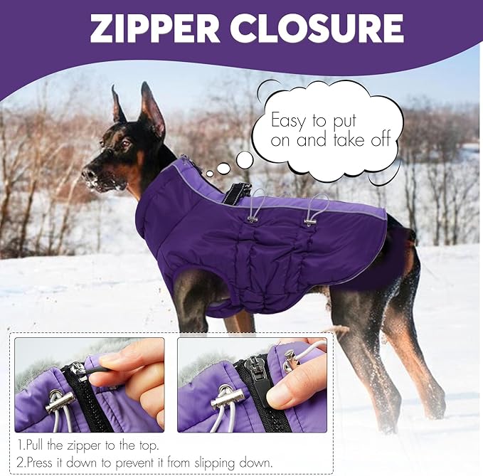 IDOMIK Warm Dog Coat with Harness, Waterproof Reflective Dog Jackets for Small Medium Large Dogs, Fleece High Collar Winter Jacket with Zipper, Pet Winter Snowsuit Clothes for Cold Weather,Purple M