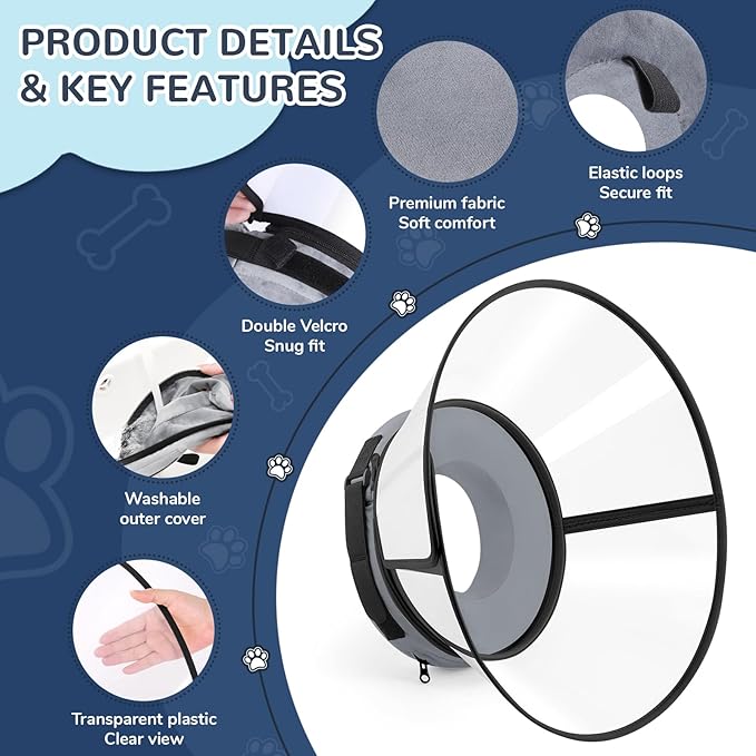 Sponge Core Dog Cone, Inflatable Dog Cone Collar Alternative, Dogs Donut Collar After Surgery, Soft Cone for Large Medium Small Dogs to Stop Licking, No Inflation Required, Clear View(Size 5, Gray)