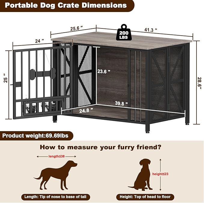 EasyCom Foldable Dog Crate Furniture, 41.3" Dog Crates for Medium/Large Dogs, Wooden Dog Kennel Indoor with Tag & Adjustable Bowls, Dog Cage Use as End Table/TV Stand, Oak Grey
