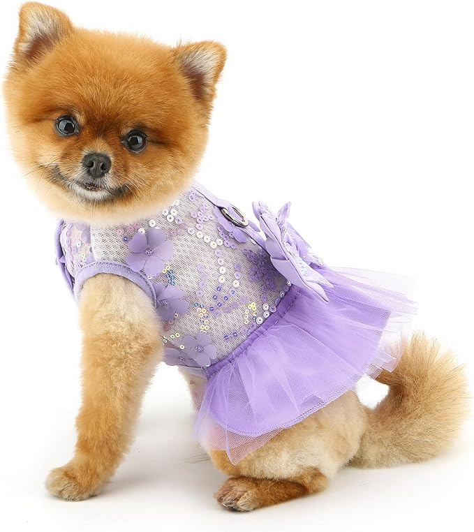 Dog Dress,Luxury Bow Princess Tutu Dresses for Girl Dogs Cute Fashion Mesh Pet Skirt with Sequins Flower Cat Puppy Clothes Wedding Party Outfits Chihuahua Apparel Button up D-Ring,Purple,M