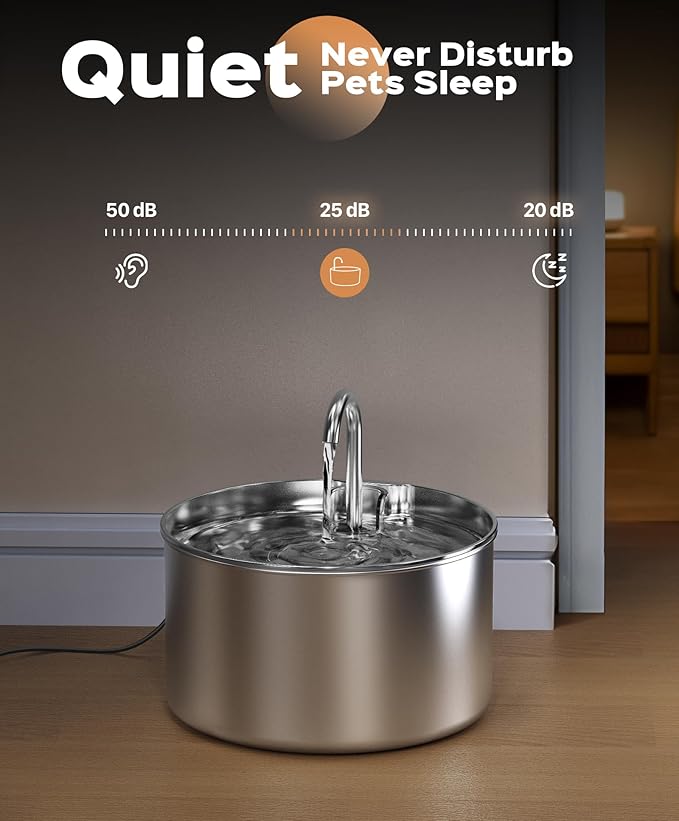 Cat Water Fountain Stainless Steel + 6 Filters + 3 Sponges - Pet Water Fountain 24/7 Keep The Water Fresh 74oz Capacity Ultra-Quiet No Sputter Compact Easy to Clean