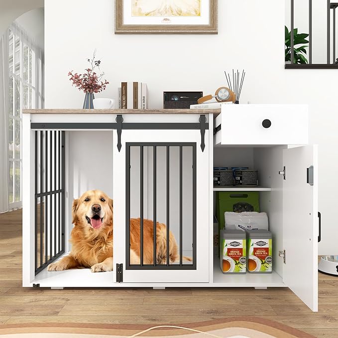 Verano Garden 44" Dog Crate, 2-in-1 Furniture-Style Dog Crate with Storage Drawer & Cabinet, Heavy Duty Dog Kennel Dog Cage Indoor for Small Medium Dogs, White (44" Right Facing Door)