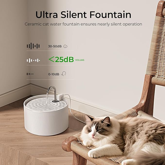 Voluas Ceramic Cat Water Fountain, 2.2L/74oz Cat Fountains for Drinking Indoor, Automatic Pet Water Dispenser with Ultra-Quiet Pump and Replacement Filter, Kitty Watering Supplies, Easy Clean BPA-Free