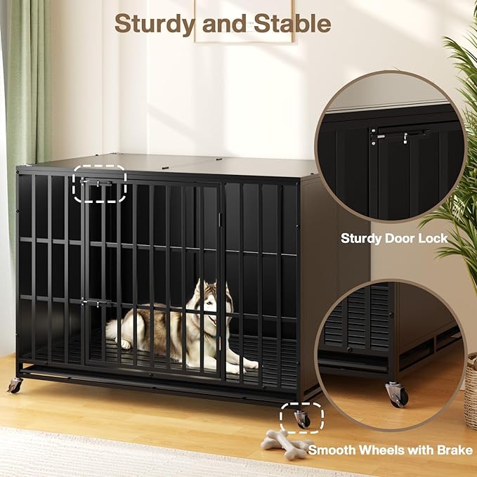 LEMBERI 48/42 inch Heavy Duty Indestructible Dog Crate, High Anxiety Extra Large Dog Cage for Large Dogs, XL Steel Escape Proof Dog Kennel with Wheels and Removable Tray (Black, 47.2*30.7*34.6 inch)