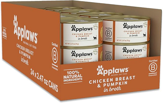Applaws Natural Wet Cat Food, 24 Count, Limited Ingredient Canned Wet Cat Food, Chicken with Pumpkin in Broth, 2.47oz Cans