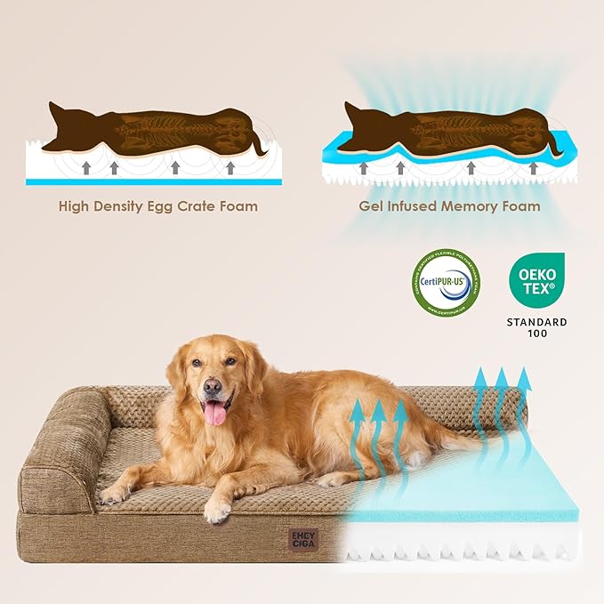 EHEYCIGA Memory Foam Dog Bed Large Sized Dogs, Pet Bed for Large Dog for Crate with Waterproof Liner, Pet Couch Bed Orthopedic with Washable Removable Cover, 35x23x6 Inches, Camel