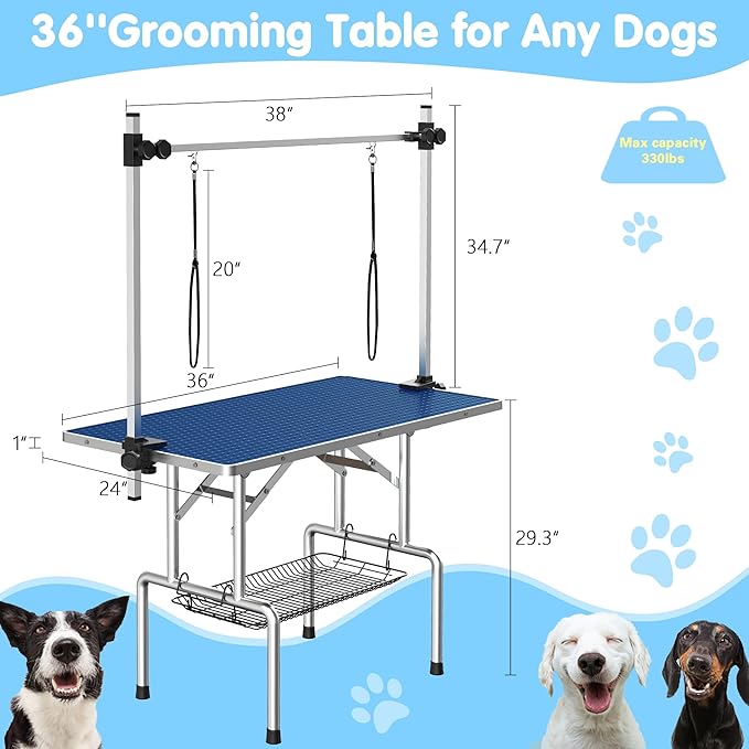 36''Large Dog Grooming Table, Adjustable Cat Drying Desktop with Arms, Nooses, Mesh Tray, Foldable Pet Station at Home, Maximum Capacity Up to 330Lb, 36inch, Blue