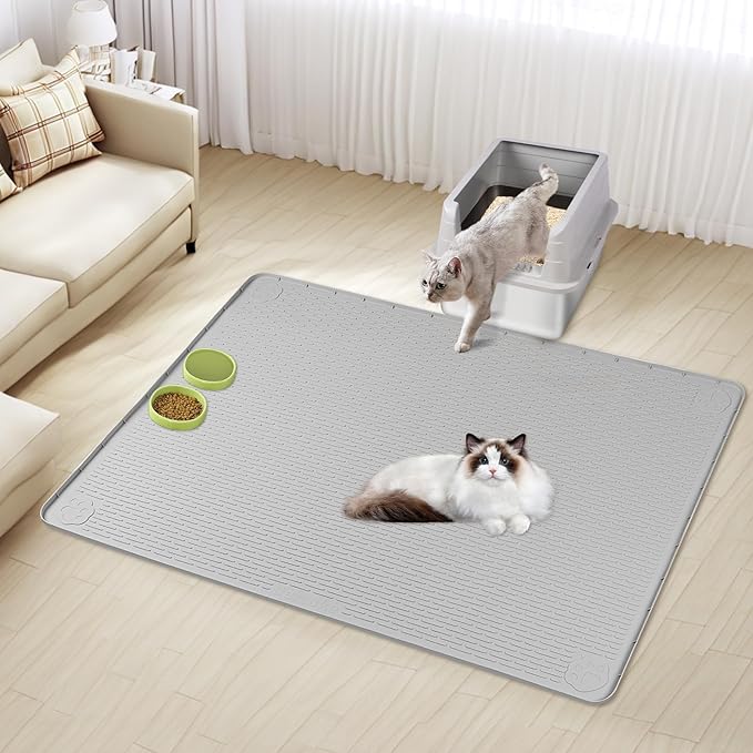 Cat Litter Mat, XXL Extra Large 50" x 35" Silicone Mat Litter Trapping Mat for Scatter Control, Soft on Kitty Paws, Easy to Clean (Grey)