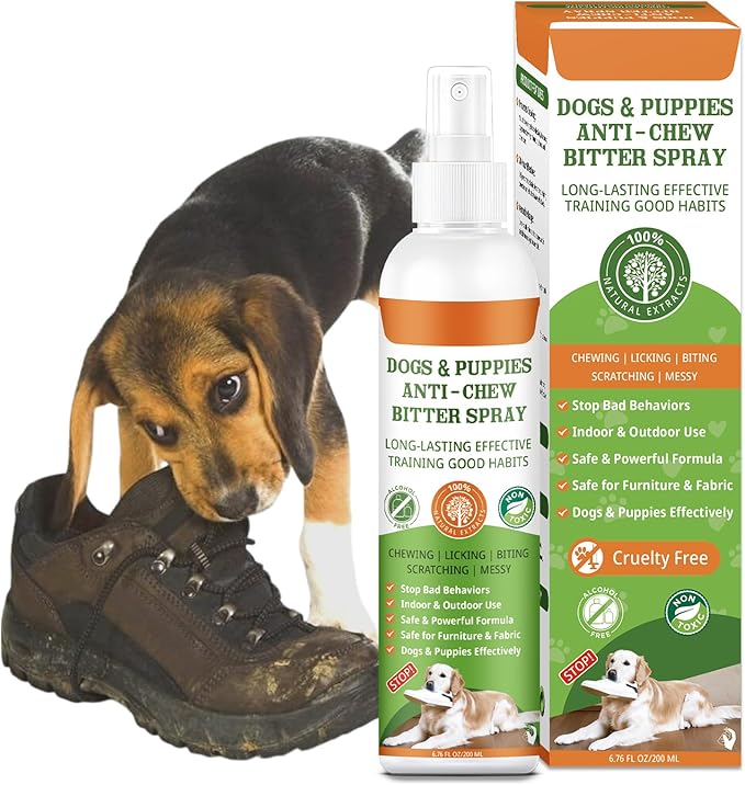 No Chew Spray for Dogs to Stop Chewing & Licking Furniture Shoes, Bitter Apple Spray for Dog, No Trace, Dog Training & Behavior Aids Indoor Outdoor Use