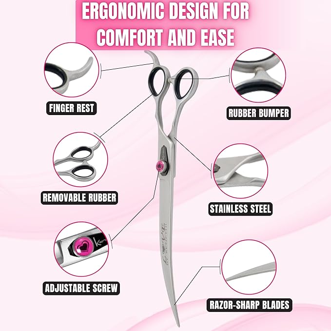 Kenchii Love Dog Grooming Scissors, 9 Inch Curved Shears, Dog Scissors for Grooming, Professional Pet Grooming Scissors