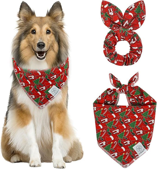 E-Clover Christmas Dog Bandanas & Matching Scrunchie Set Green Red Dog Scarf Bibs Pet Bandana with Bow Tie for Medium Large Dogs Owner Mom Winter
