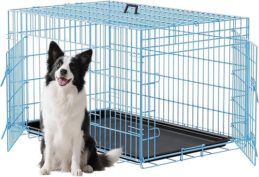 FDW XL Dog Crate 48inch Dog Cage Foldable Metal Kennel with Leakproof Tray Foldable Design Indoor Outdoor Use for Extra Large Dogs,Blue