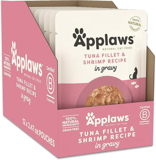 Applaws Natural Wet Cat Food in Gravy, Limited and Natural Ingredients, High Protein with No Artificial Additives,Tuna with Shrimp in Gravy (12 x 2.47oz Pouches)