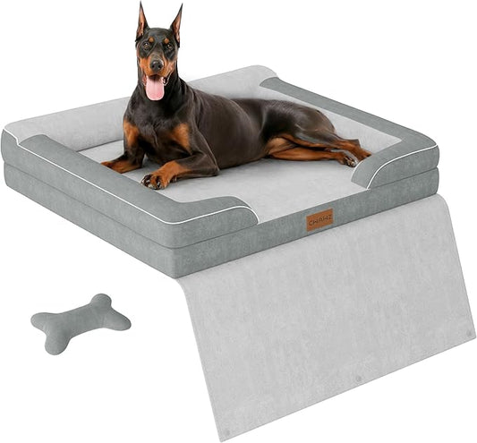 XXL Dog Beds for Extra Large Dogs, Giant Orthopedic Dog Sofa with Cooling Gel Memory Foam, Waterproof Pet Bed with Removable Washable Cover, 53" Pet Sofa Couch Dutch Velvet with Blanket Bone Toy