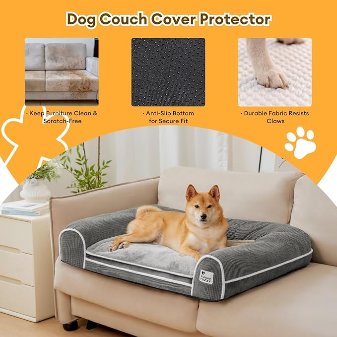 FUNNY FUZZY Orthopedic Dog Bed – Washable Dog Bed with Double Layer Plush Cushion Sofa Style Design with Bolstered Sides for Small Medium & Large Dogs Removable Cover L Size (31.5"x24.4"x7.1") Grey