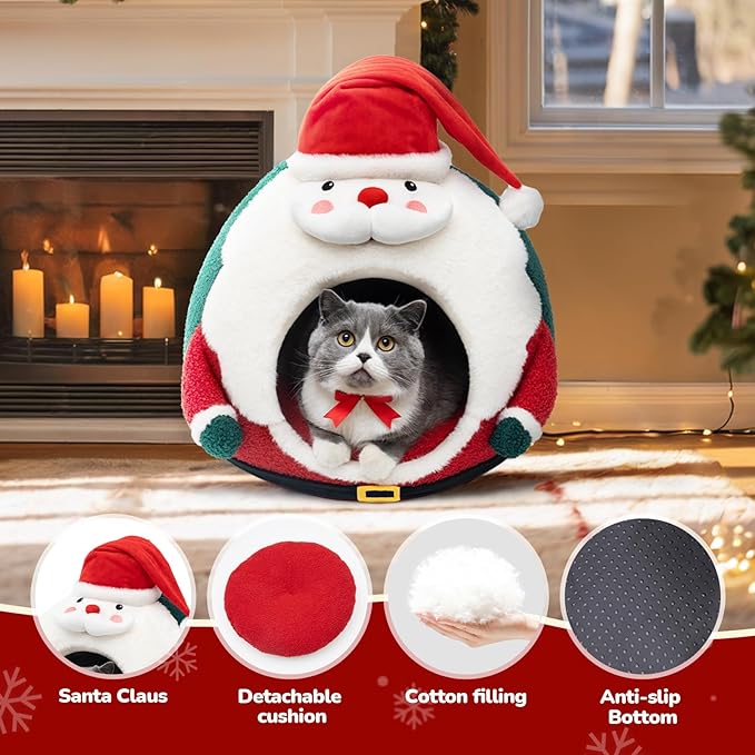 CATISM Christmas Cat Bed - Cat Bed for Indoor Cats, Cute Santa Claus Cat Beds with Warm Cushions Removable Cave with Non-Slip Bottom