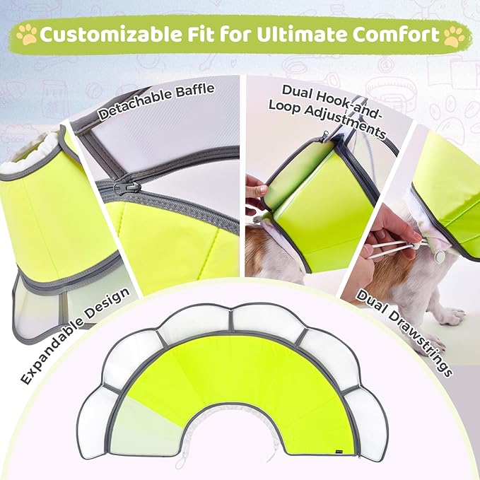 Soft Dog Cone Collar After Surgery Recovery,Adjustable E-Collar with Removable Shield,Lightweight,Breathable Anti-Licking Protective Cone for Large,Medium,Small Pets (Neon Green, XXL(Neck:20''-25''))