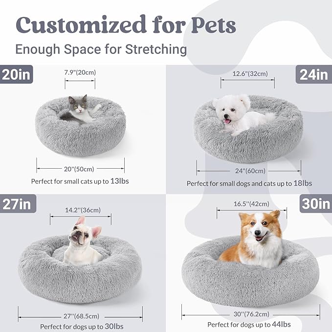 rabbitgoo Cat Beds for Indoor, 20 inches Machine Washable, Fluffy Round Pet Bed Non-Slip, Calming Soft Plush Donut Cuddler Cushion Self Warming for Small Dogs Kittens, Light Grey, Medium