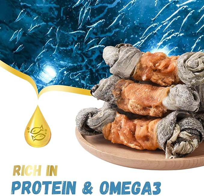 Dog Treats Chicken Wrapped Cod Skin Knotted Bones-6.5", All-Natural Healthy Fish Skin Dog Chew Treats, Rich in Omega-3 Protein, 4 Counts, 10.6oz