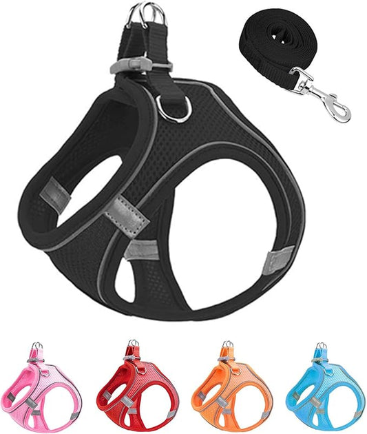 XXS Black Soft Mesh Dog Harness and Leash Set,No Escape Puppy Harnesses for Training Walking， Reflective Adjustable Puppy Vest for Small Medium Dogs, Cats (Black, XXS)