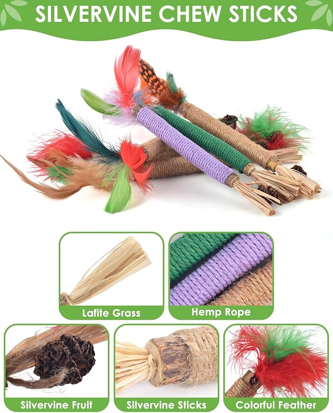 TINDTOP Silvervine Chew Sticks for Cats, 12 Pack Natural Catnip Chew Toys for Kittens Teeth Cleaning, Matatabi Dental Care, Increase Appetite Cat Dental Toy