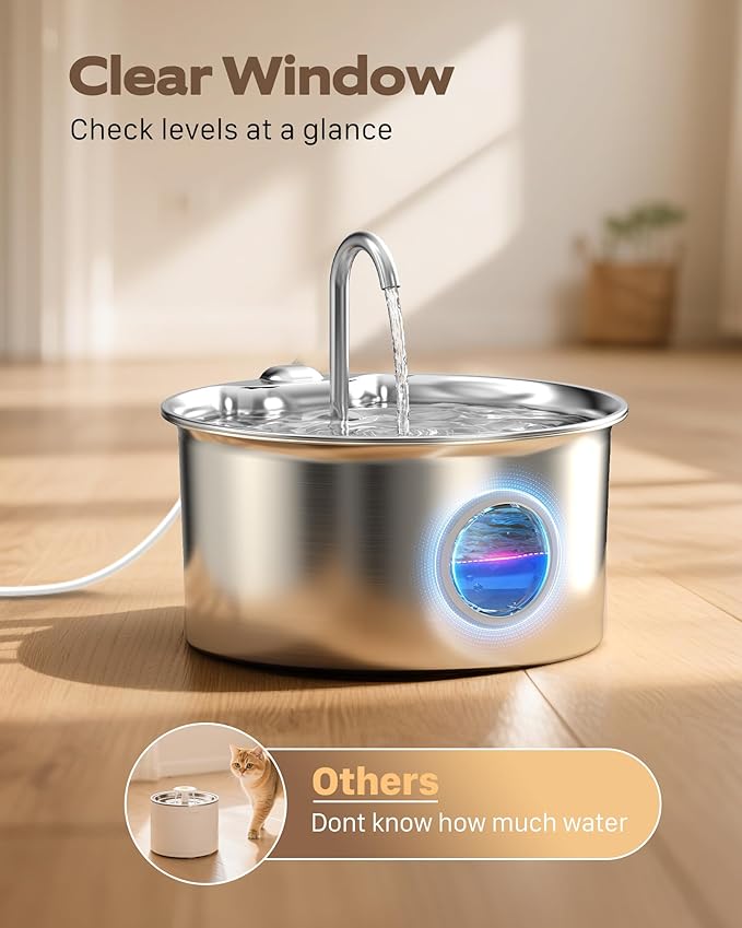 Pet Water Fountain Stainless Steel: Mental Cat Water Fountains for Cats Indoor - 88oz/2.6L Noiseless Cats Waterer Bowl Dispenser - ATMZIQXR Kitten Drinking Fountains with 8 Filters + 8 Sponges