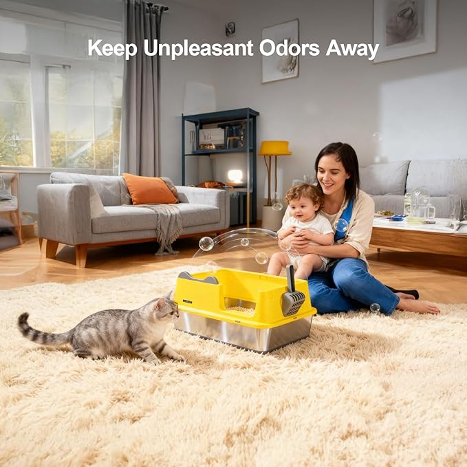 Stainless Steel Cat Litter Box, Open Top High-Sided Metal Litter Box with Scoop, Extra Large Litter Boxes for Kitty Kitten and Big Cats, Anti-Urine Leakage, Non-Sticky, Easy to Clean (Yellow)