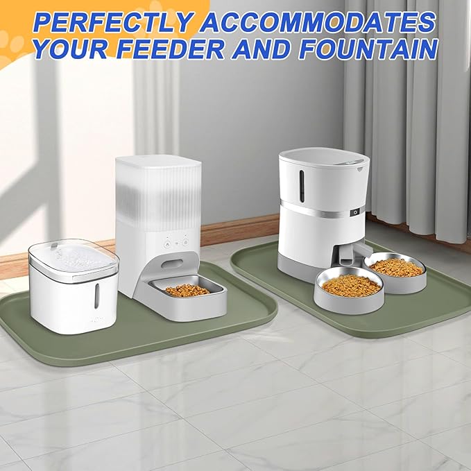 Silicone Pet Feeding Mat with Raised Edge for Food and Water, Dog Bowl Mats, Cat Bowls Placemat with High Lip for Floor Waterproof, Rubber Tray for Cats and Dogs 22 x 14 x0.8 Light Olive Green