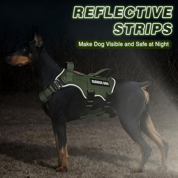 Tactical Service Dog Vest Harness and Leash Set,Heavy Duty Dog Harness with Metal Buckles for Large Dogs,Adjustable No Pull Pet Vest with 10 Patches,for Training Working,Green L