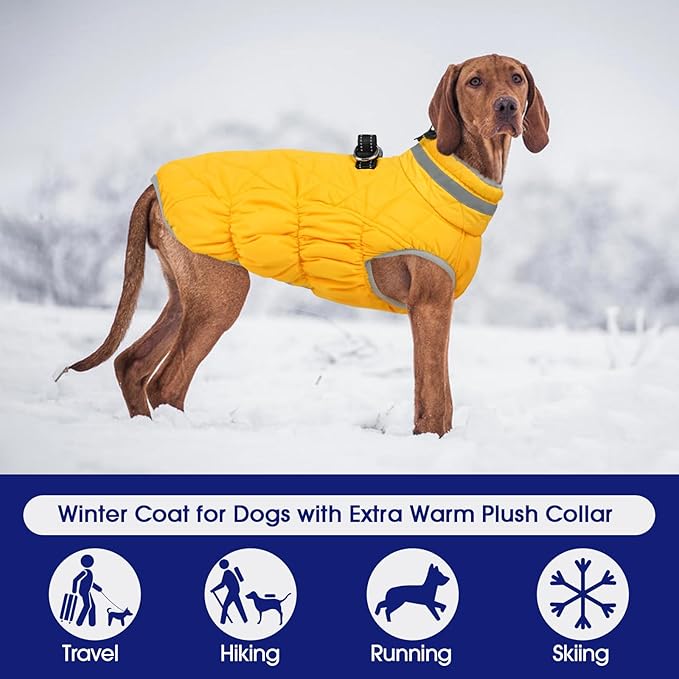 FUAMEY Dog Coat for Small Dogs,Waterproof Dog Winter Jacket with Harness Built in Puppy Cold Weather Coats Reflective Pet Vest with Zipper Warm Fleece Dogs Snowsuit Windproof Yellow S