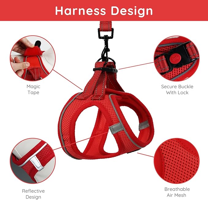 BELLA & PAL Step in Vest Harness for Small and Medium Dogs, No Pull Small Dog Harness with Leash Set, Comfortable Air Mesh Dog Vest Harness with Reflective Strip (Red, S)