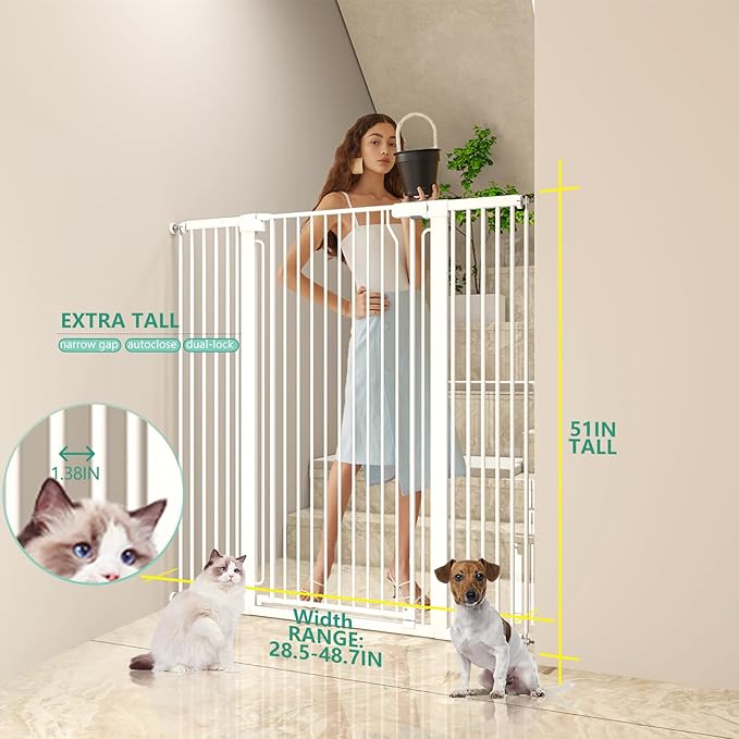 51" Extra Tall Cat Gate 28.5"-48.7" Wide, Auto Close, Pressure Mounted, for Cats & Small Dogs, Hallway, Stairs, Kitchen