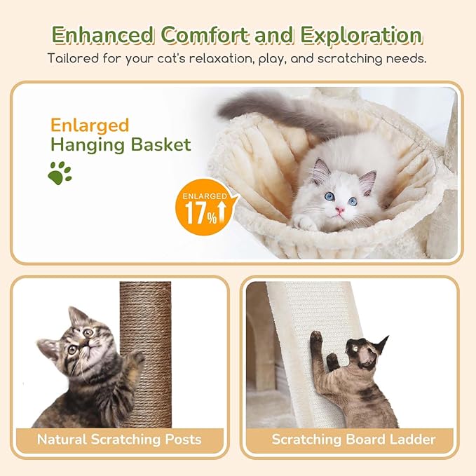 Globlazer Cat Tower for Multiple Indoor Cats, 52 inch Heavy Duty Cat Tree with 3 Condos, Plush Cat Condo with Scratching Posts and Pad for Adult Cats Kitten, Padded Top Perch, Basket Bed, F52B, Beige