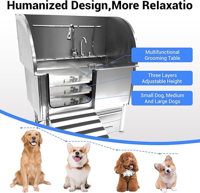 Professional Dog Grooming Tub, 38" Stainless Steel Dog Wash Station with Foldable Ramp, Storage Drawer, Floor Grate & Faucet/Dog Bathtub for Large, Medium & Small Pets - Left Door (38")
