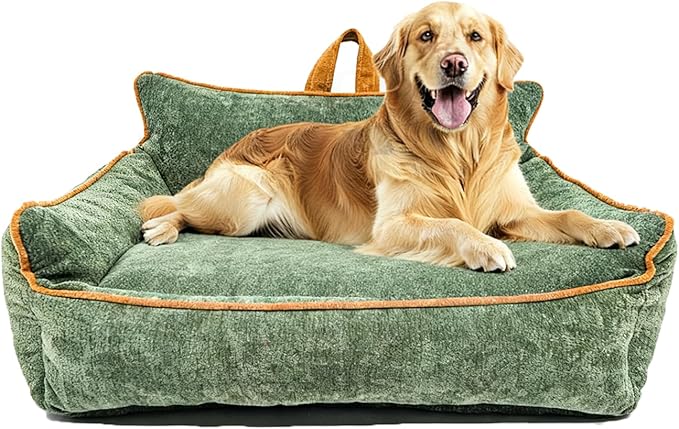 Large Orthopedic Dog Sofa Bed with Sides, Carry Handle & Side Pockets .Plush Chenille Orthopedic Pet Bed Couch for Large Dogs.Portable Snuggler for Indoor Use, Travel & Recovery (Green)