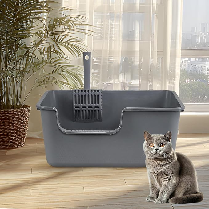 4 Packs Plastic High Wall Cat Litter Box with Scoop, Open Top Cat Litter Basin, Gray