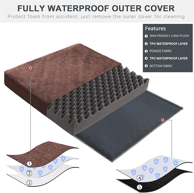 MIHIKK Waterproof Dog Beds Large Sized Dog Orthopedic Dog Beds for Crate with Removable Washable Cover Egg-Crate Foam Pet Pad Mat with Anti-Slip Bottom, 41x27 Inch, Brown