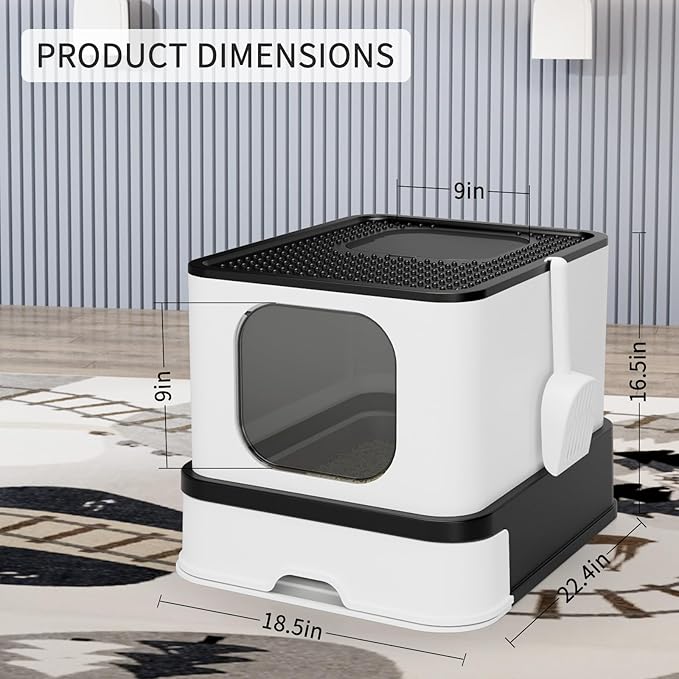 RIZZARI Stainless Steel Litter Box: Extra Large Design Prevents Leaks - Black Enclosed Cat Pan - Odors Control for Cats Under 25 lbs - Bathroom Living Room Use