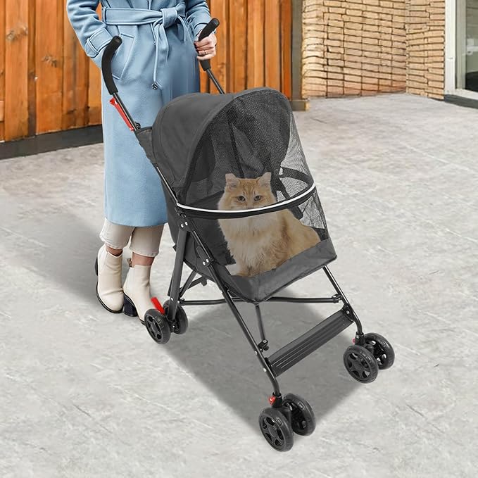 Pet Stroller, Foldable Pet Stroller with Weather Cover, Dog Cat Strolling Cart with 360° Wheels & Brakes for Small and Medium-Sized Dogs or Cats (Black)