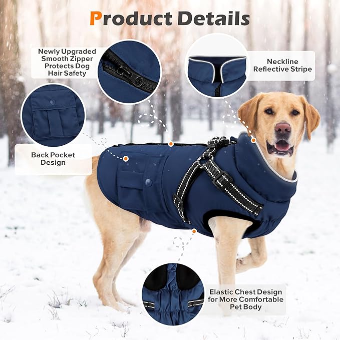 Dog Winter Coat with Harness Built-in | Waterproof Dog Jacket with Zipper & Fleece Lining | Reflective Cold Weather Coat for Small Medium Large Dogs