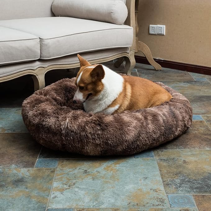 Oval Calming Donut Cuddler Dog Bed,Shag Faux Fur Cat Bed Washable Round Pillow Pet Bed(30"/36"/43") for Small Medium Dogs (XL(36"x27"x7"), Brown2021)
