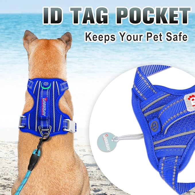BARKBAY No Pull Dog Harness Large Reflective Dog Harness with Front Clip and Easy Control Handle for Walking Training Running with ID tag Pocket(Sapphire Blue,L)